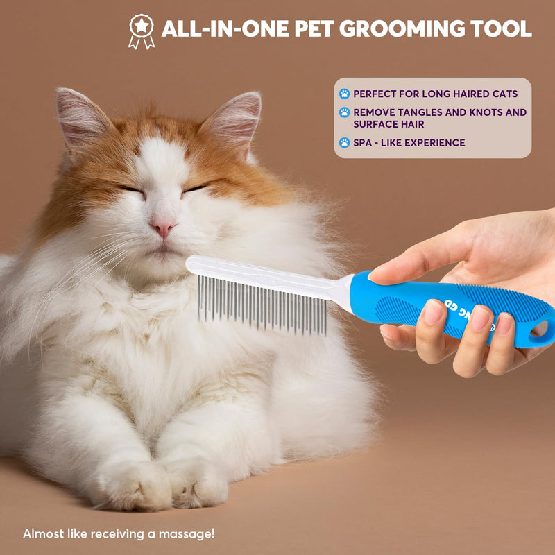 Detangling Pet Grooming Comb for Dogs & Cats with Long & Short Stainless Steel Metal Teeth for Removing Tangles and Knots - Dematting Brush to Detangle Matted Hair Blue comb - BeesActive Australia