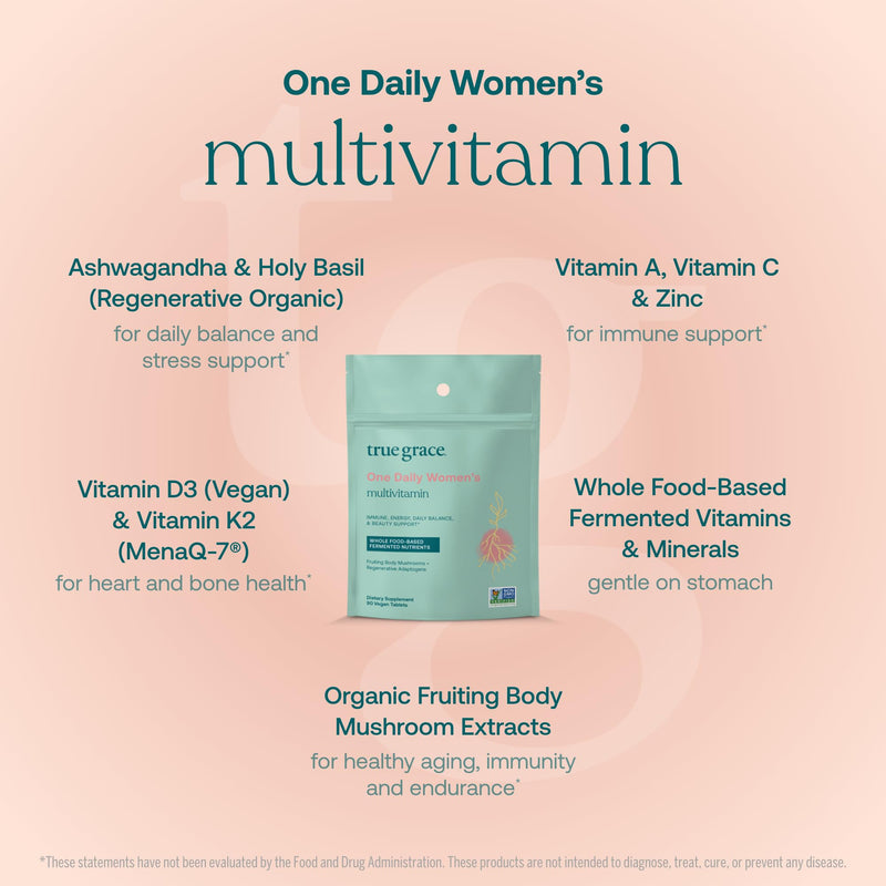 True Grace One Daily Women’s Multivitamin Fermented Minerals, Organic Adaptogens & Mushrooms Whole Body Balance, Immune, Energy, Beauty Support - Non-GMO, Gluten Free, Soy Free - 90 Vegan Tablets 90 Day Supply
