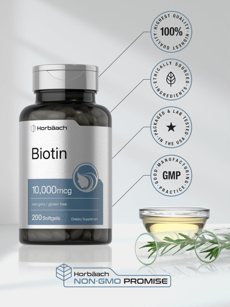 Horbäach Biotin 10000 mcg | 200 Softgels with Vitamin B7 | Beauty Formula Supplement | Non-GMO & Gluten Free