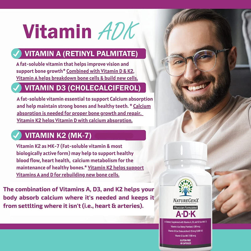 ADK Vitamin Supplement 5000 IU - High Potency Vitamins A, D3, and K2 for Bone Health and Calcium Absorption | Gluten-Free Vitamin ADK Supplement, 60 Day Supply, 60 Capsules 60 Count (Pack of 1) - BeesActive Australia