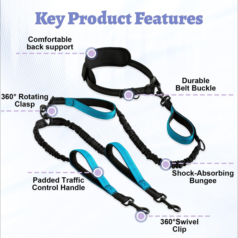 Hands Free Double Dog Leash for Two Dogs- No Tangle No Pull Dual Leash with Padded Adjustable Waist Belt & Reflective Stitching - Ideal for Running, Jogging, Hiking with Medium & Large Breeds Blue - BeesActive Australia
