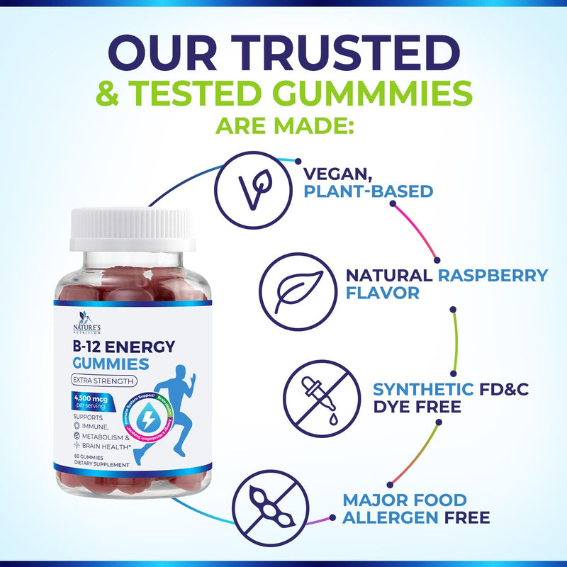 B12 Energy Gummies - 4500 mcg Vitamin B12 Per Serving - Extra Strength Chewable B12 Supplement for Energy, Metabolism & Immune Support - For Women, Men & Kids - Natural & Berry Flavored - 60 Gummies 60 Count (Pack of 1)