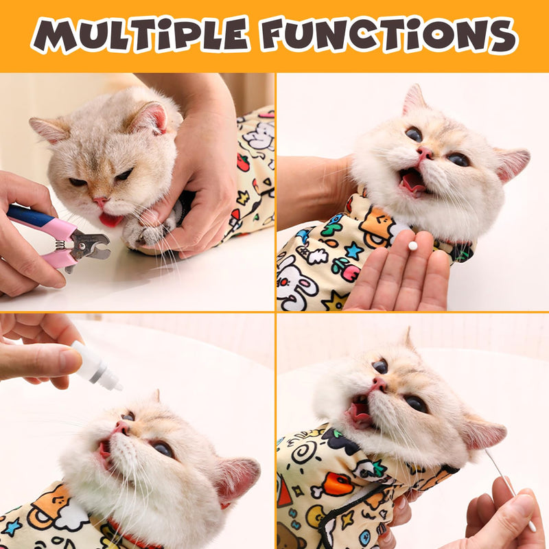 Cat Grooming Wrap, Self-Adherent Soft Cat Blanket to Wrap, Nail Clipping, Anti-Bite, Anti-Scratch, Anti-Escape Calming Wrap (Cute Prints, 6-10 lbs) Cute Prints - BeesActive Australia