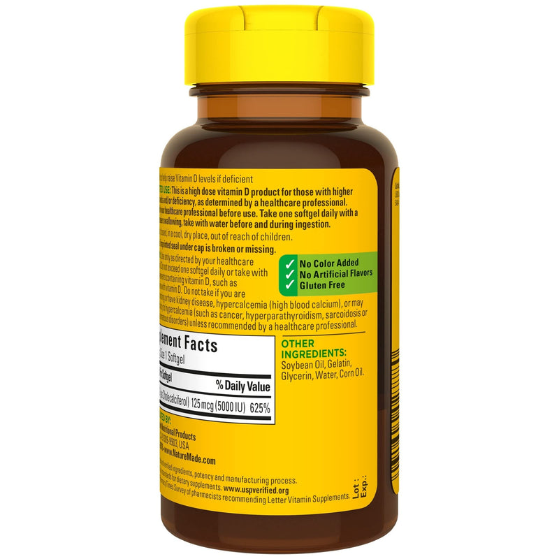Nature Made Extra Strength Vitamin D3 5000 IU (125 mcg), Dietary Supplement for Bone, Teeth, Muscle and Immune Health Support, 180 Softgels, 180 Day Supply 180 Count (Pack of 1) - BeesActive Australia