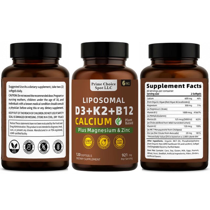 Vitamin D3 K2 B12 with Calcium Magnesium Zinc, 5000 IU, 120 Softgels | 6-in-1 bone & muscle support, High Potency D3 5000 IU, K2 MK7 for calcium absorption, Mobility & Energy, non-GMO, plant-based