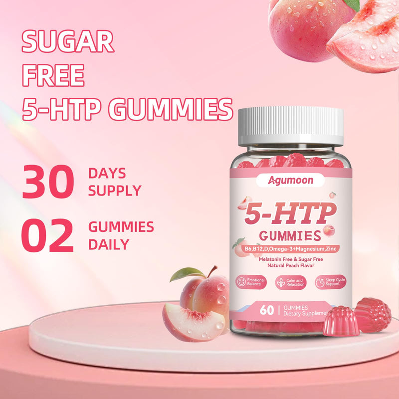 5HTP Gummies with Vitamin D3,B6,B12,Zinc,Omega-3,Magnesium Glycinate | Serotonin supplement for Adults & Kids,Relaxation Gummies for Sleep Support,Brain & Muscle Health,Peach Flavor