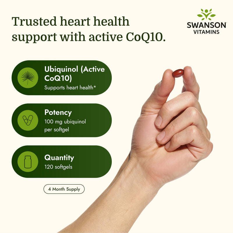 Swanson Ubiquinol CoQ10 Heart Health, 100 mg, 120 Softgels | For Heart Health, Brain Energy and Antioxidant Support, Aids ATP Production, Non-GMO Kaneka-Sourced CoQ10 120 Count (Pack of 1)