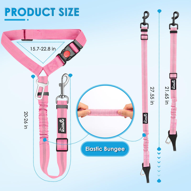 Lukovee Dog Seatbelt Leash for Cars, 2 Pack Pet Safety Car Seat Belt with Adjustable Buckle & Reflective Bungee, Connect Dog Harness in Vehicle Car Dogs Restraint Travel Daily Use (Pink) A-Pink A- Headrest with Clip + 2 in 1 Seat Belt - BeesActive Australia