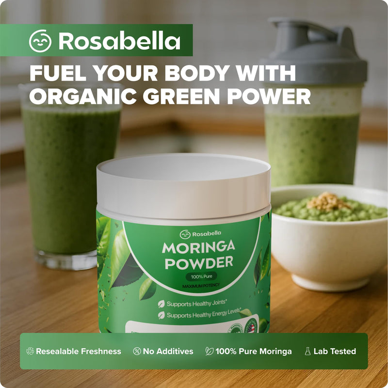 Rosabella Pure Moringa Powder - Energy, Skin, Immune & Gut Health Superfood, Rich in Antioxidants, Essential Vitamins & Amino Acids, Natural Green Superfood Supplement (3.7oz (Pack of 1)) 3.7 Ounce (Pack of 1)