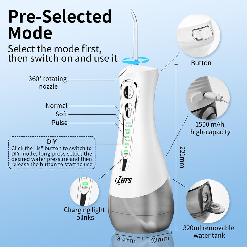 Zeff's Dental Water Flosser for Teeth Cleaning – 320ml Detachable Tank, IPX7 Waterproof, Rechargeable Battery, 360° Nozzle, Portable Oral Irrigator with 5 Tips & Travel Bag