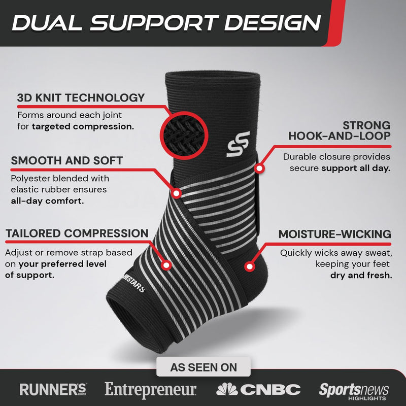 Sleeve Stars Ankle Brace for Women & Men, Ankle Wrap for Sprain, Compression Sleeve for Plantar Fasciitis Relief, Easy Customizable Support: w/ Removable Strap (Single/M:10"-12"/Black) Medium Black 1