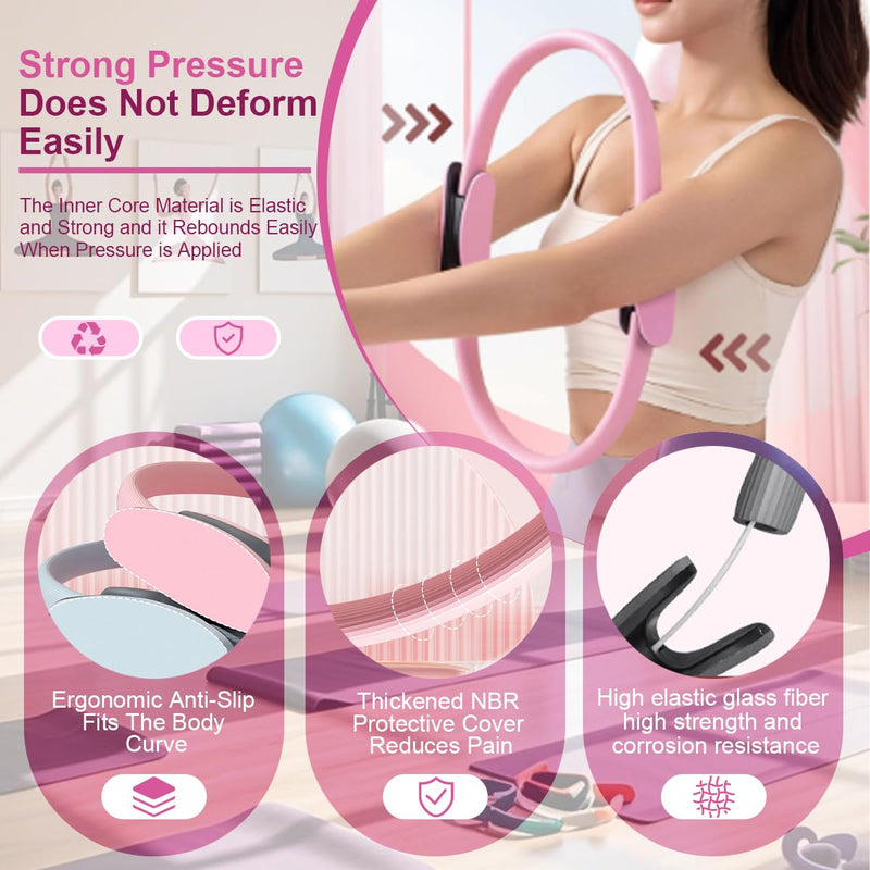 Pilates Ring , Magic Circle Pilates Ring for 14.6inch Diameter with Dual Padded Handles for Toning Arms , Pilates Ring Circle Suitable for Leg Slimming, Arm Training and Other Position Exercises. PINK