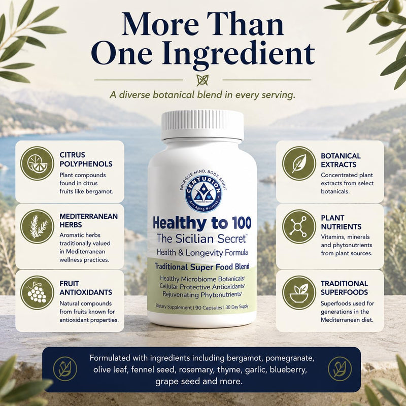 Centurion Healthy to 100 | Mediterranean Superfood & Antioxidant Blend | Bergamot, Resveratrol, Pomegranate, Olive Leaf & Lycopene | Daily Wellness & Healthy Aging Support | 90 Capsules