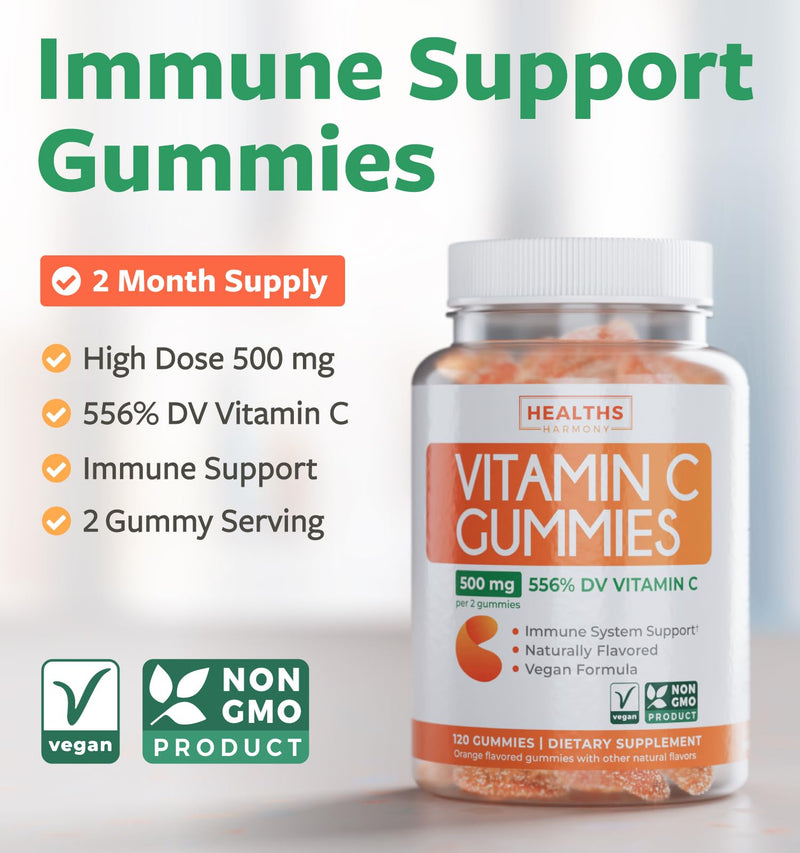 Vegan Vitamin C Gummies for Adults - Orange Flavor (2 Month Supply) | Immune Support Gummies with Chewable Vitamin C 500mg per Serving for Daily & Seasonal Wellness - High Potency Non-GMO Formula Gummy 120 Count (Pack of 1)