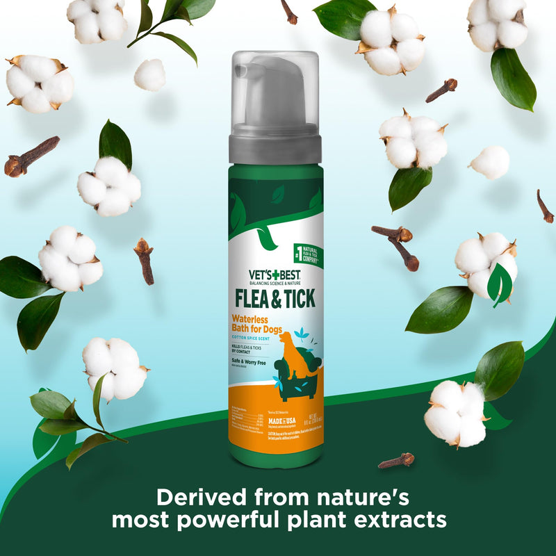 Vet’s Best Waterless Flea and Tick Dog Bath – Natural Flea & Tick Prevention – Dog Dry Shampoo Spray with Essential Oils – Kills Pests on Contact – Made in USA – 8 oz Cotton Spice Scent
