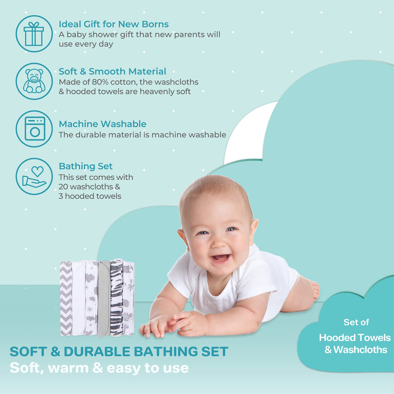 Spasilk 23-Piece Soft Terry Hooded Bath Towel and Washcloth Gift Set, 3 Baby Towels and 20 Baby Washcloths for Newborn Boys and Girls, Baby Bath Essentials, Ideal, White Zebra - BeesActive Australia