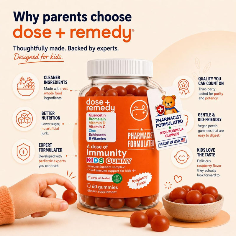 A Dose of Immunity Kids Immune Support Gummies, Quercetin & Zinc 120 Count | 7-in-1 Immune Support for Kids 4+: Quercetin, Bromelain, Vitamin C, D3, Zinc, Echinacea & B Vitamins Vegan Raspberry Gummy 2 Pack Kids (120 Count)
