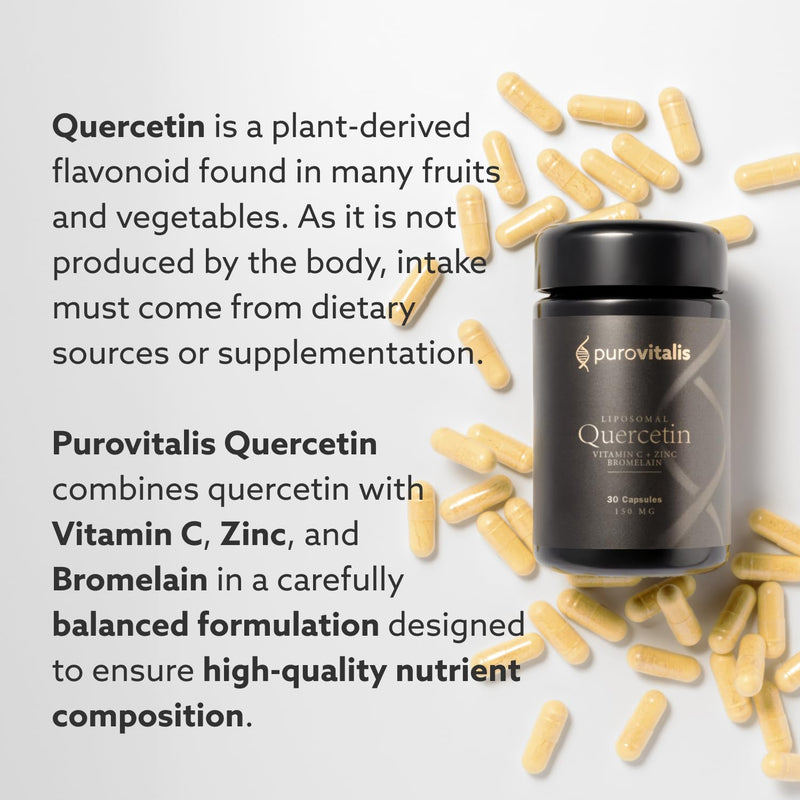 PUROVITALIS Liposomal Quercetin 150mg with Bromelain, Vitamin C & Zinc, 99% Purity Immune Support Supplement, 1-Month Supply (30 Vegan Capsules)