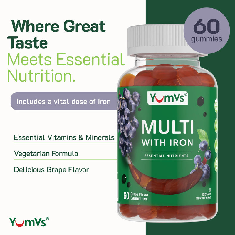 YUM-V'S Iron Gummies - Multivitamin Iron Supplement with Vitamin C, A, B & Zinc, Supports Blood Oxygen, Vegan Supplements for Women, Men & Kids for Growth and Development - Grape Flavor | 60 Count 60 Count (Pack of 1)