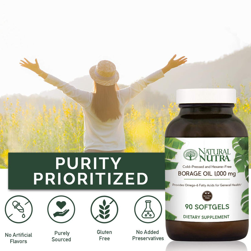 Natural Nutra Borage Oil, Maintain Skin Health, Support Better Heart Health, Improves Nerve Health, Help Overcome Joint paint, Help Reduce Pimple, Omega 6 Essential Fatty Acids Supplement 90 Softgels. 90 Count (Pack of 1)