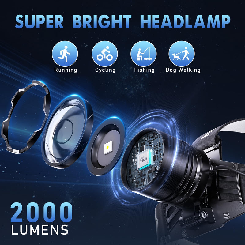 Super Bright Headlamp Rechargeable 2000 Lumens, 7 Modes Head Lamp, Zoomable Head Light for Forehead, 90° Adjustable Headlamps for Adults, Long Runtime & Waterproof Fishing, Camping Black 1 Pack