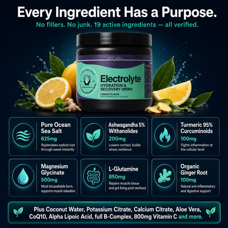 VitalRestore Natural Electrolyte Recovery Powder — with Ashwagandha & L-Glutamine | Sugar Free, No Artificial Sweeteners | Fast Hydration & Muscle Recovery | Lemon Flavor | 28 Servings