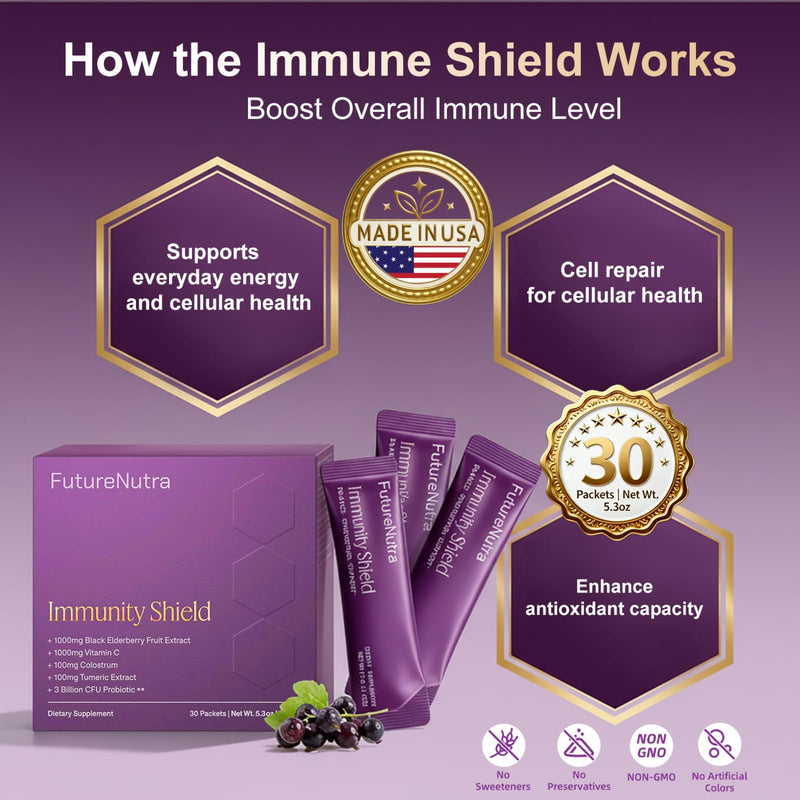 Immune Support Powder for Daily Defense - 1000mg Black Elderberry + 1000mg Vitamin C with Vitamin D3, Zinc, Calcium Blend - Multi-Immune Defense Formula, 30 Packets