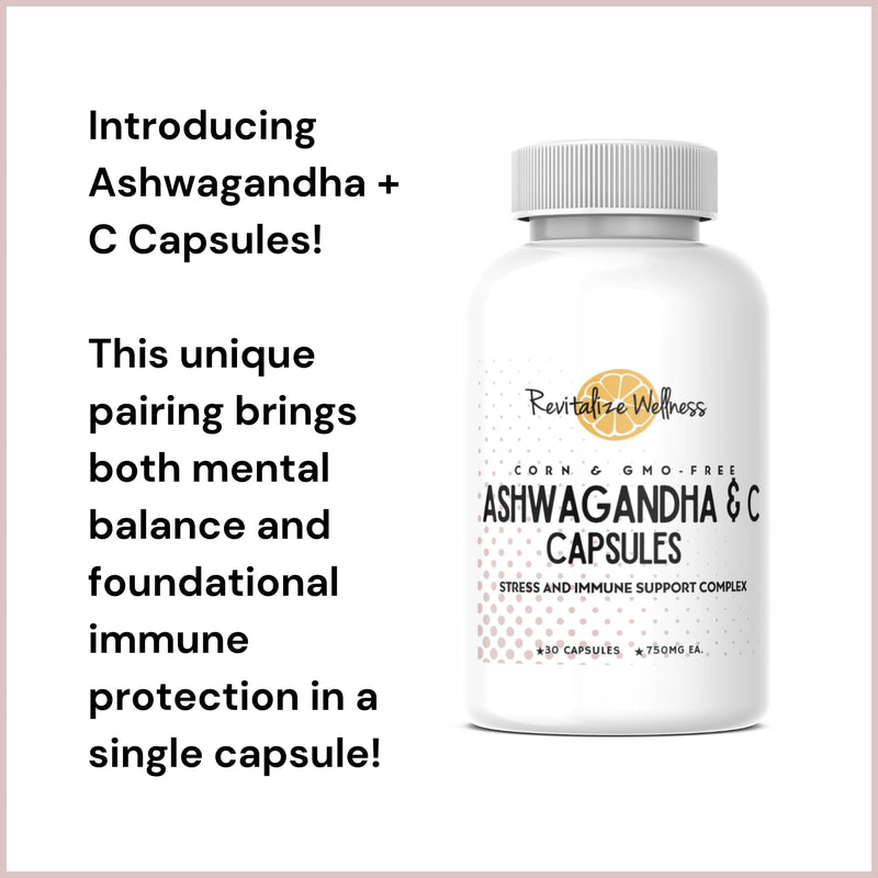 Ashwagandha + Vitamin C Capsules | Stress and Immune Support Complex | with 550 mg Ashwagandha and 200 mg Vitamin C per Serving | 30 Servings