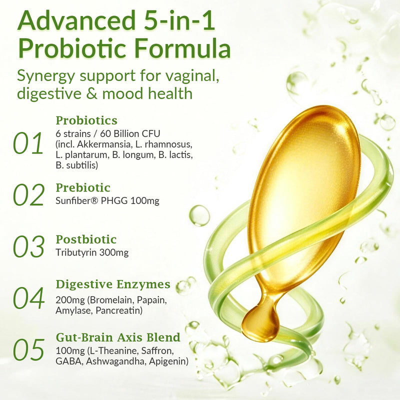 5-in-1 Probiotic Prebiotic & Postbiotic for Women Men, Akkermansia Probiotic w/Digestive Enzymes, Tributyrin, Prebiotic Sunfiber, Mood Herbal, Daily Oral Probiotic Immune Gut Health Gas & Digestive