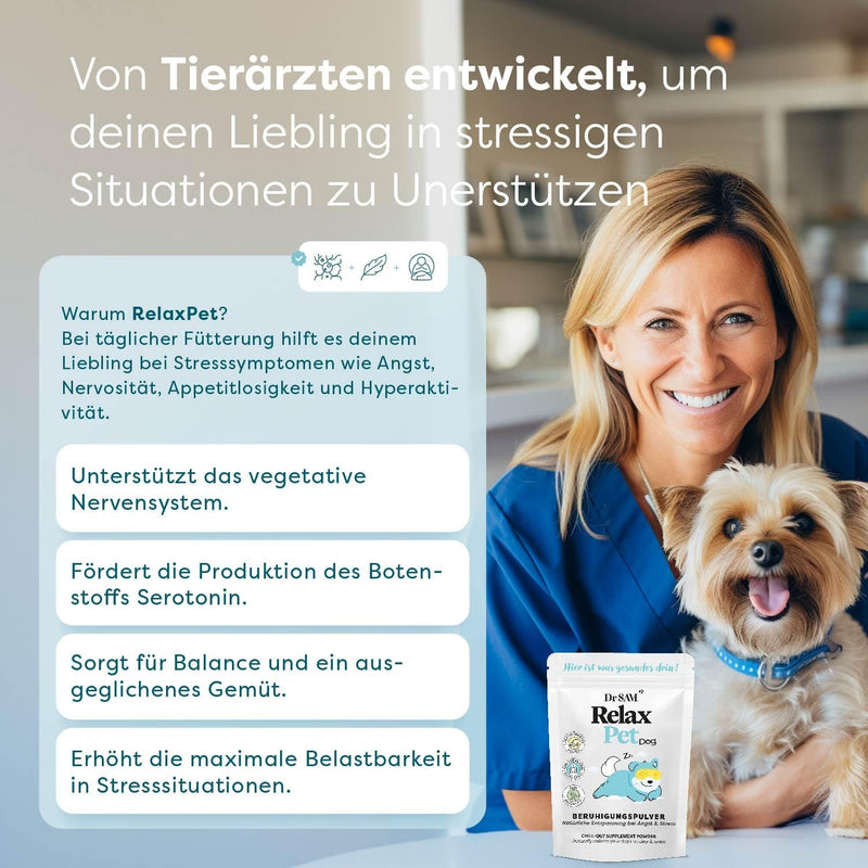 Dr. SAM Premium Anti-Stress Powder for Dogs – RelaxPet as a Natural Soothing Agent for Relaxation from Anxiety and Stress – Peace When Travelling and Special Occasions – High Dose – 45 g Hund