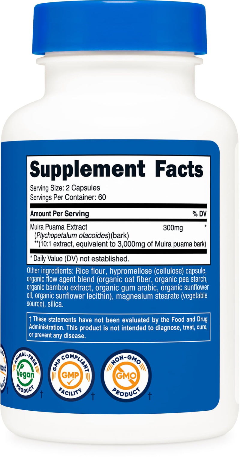 Nutricost Muira Puama Extract (3,000mg Equivalent) 120 Capsules - Muira Puama for Men & Women, Vegan, GMO-Free, Gluten-Free, 60 Servings - BeesActive Australia