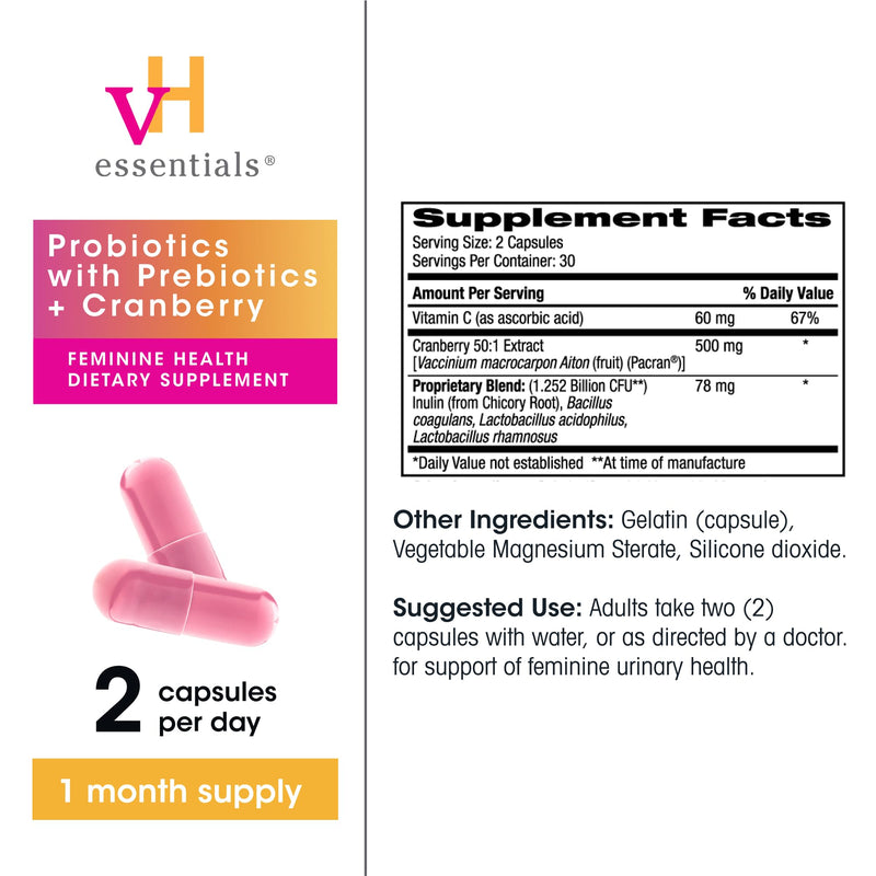 vH essentials Probiotics with Prebiotics,60 Capsules (3 Pack) | Cranberry & Vitamin C, Vaginal Probiotics Support Gut Balance, Vaginal Health & Urinary Tract Health for Women