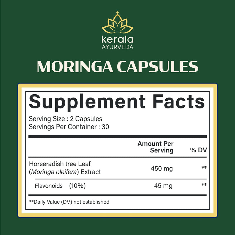 Kerala Ayurveda Moringa 450 mg Leaf Extract - 60 Veg Capsules | Powerful Antioxidants & Essential Vitamins for Immune Support, Skin Health & Gut Health | Herbal Supplements | Prop 65 Compliant
