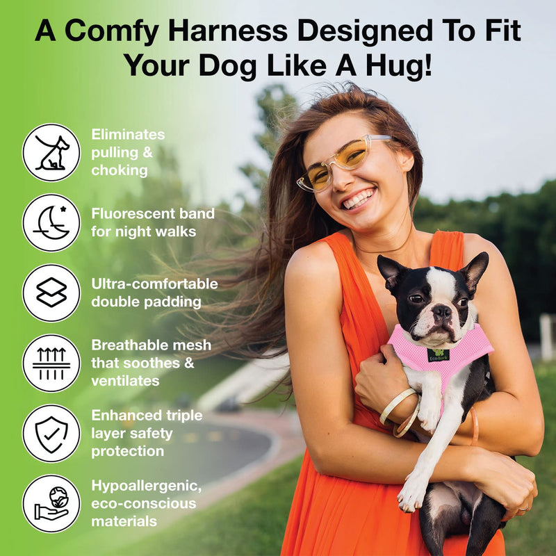 EcoBark Dog Harness - Eco-Friendly Max Comfort Harnesses - Luxurious Soft Mesh Halter - Over The Head Harness Vest- No Pull and No Choke for Small, Toy Breed, and Teacup Dogs (XS, Baby Pink) 1. XS- 4 to 5 lbs - Neck Up to 7.5 in - BeesActive Australia