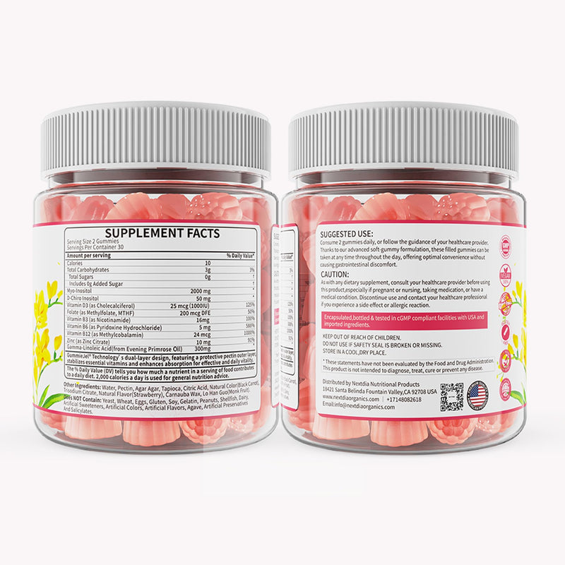 Inositol Gummies for Women + Evening Primrose Oil, Myo & D-Chiro 40:1 Ratio | Sugar Free Myo-Inositol Supplement with Vitamin D3 B6 B12 & Zinc, Hormone Gummies for Women's Daily Wellness, Vegan, 60Ct 60 Count (Pack of 1)