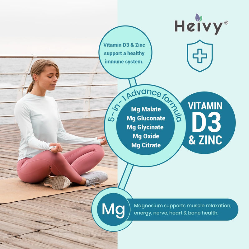 Heivy Magnesium Complex 2 Pack, Magnesium Glycinate, Citrate, Malate, Oxide, Gluconate with Zinc and Vitamin D3, Magnesium Supplement for Muscle, Nerve, Heart, Bone Support, High Absorption Unflavored 90 Count (Pack of 2)