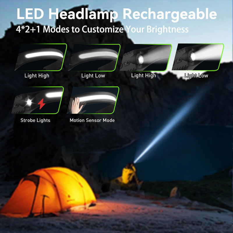Led Headlamp Rechargeable, Headlight Headband Light Lumen with Red Motion Sensor Battery Powered, 230° Wide Beam Super Bright Head Lights for Forehead, Running Headlamp for Camping, Working(2Pack) 2PCS A