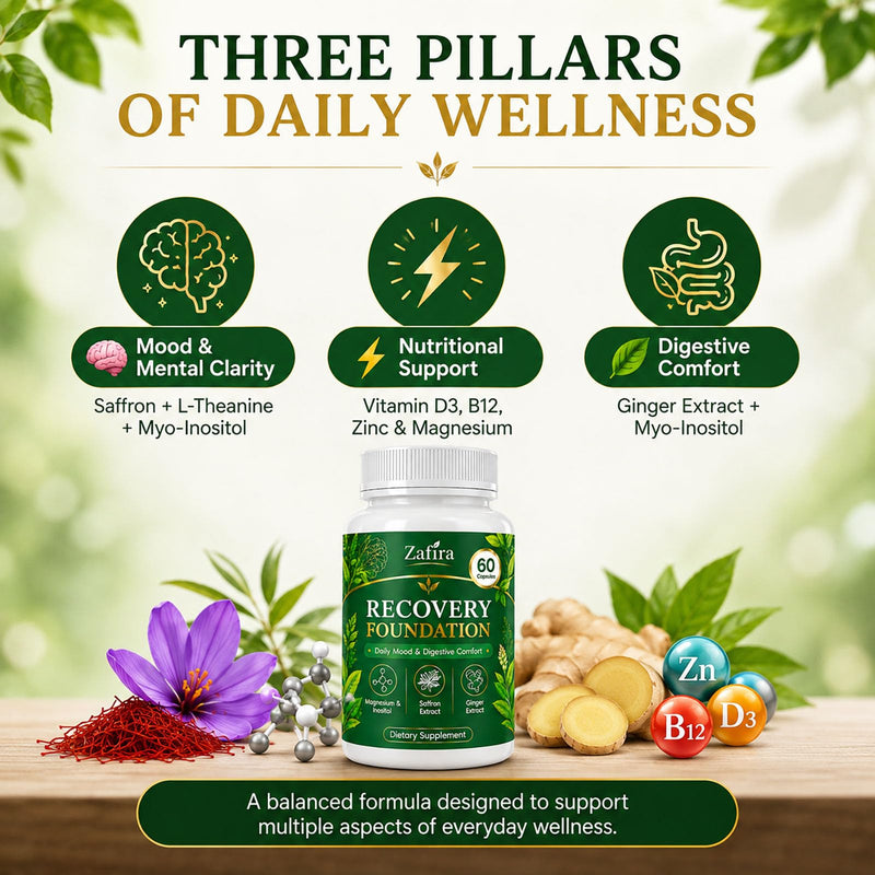 Zafira Organics Saffron Supplements, Zafira Recovery Foundation Capsules for Daily Wellness Support & Digestive Comfort with Saffron Extract, Magnesium Bisglycinate, Ginger, Zinc, Vitamin D3 & B12 1 pcs