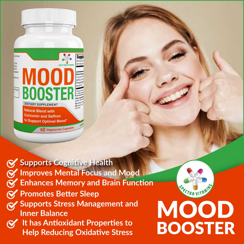 Mood Booster 60 Caps - Mood Enhancer Capsules Supports Optimal Mood, Stress Relief, Focus, for Men/Women | Supports Optimal Emotional Wellness, Curcumin, Saffron,