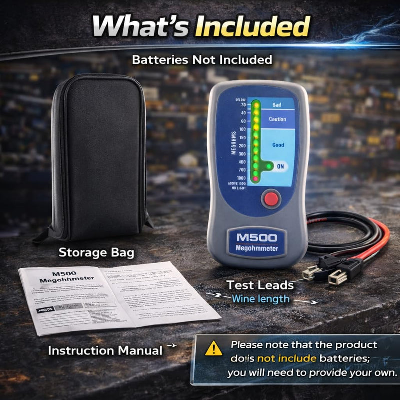 M500 Insulation Tester Megohmmeter, 500V Digital Insulation Resistance Tester up to 1000MΩ, HVAC Compressor & Motor, Battery Operated, Includes Soft Carrying Cas