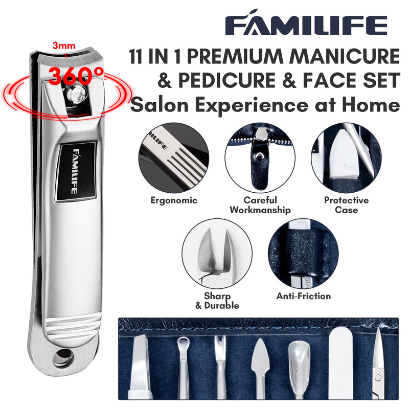 Manicure Kit, FAMILIFE Professional Manicure Set Nail Kit, 11 in 1 Stainless Steel Nail Clippers Set for Men Pedicure Tool, Men Grooming Tool with Portable Blue Leather Travel Case Luxury Gifts Navy Blue