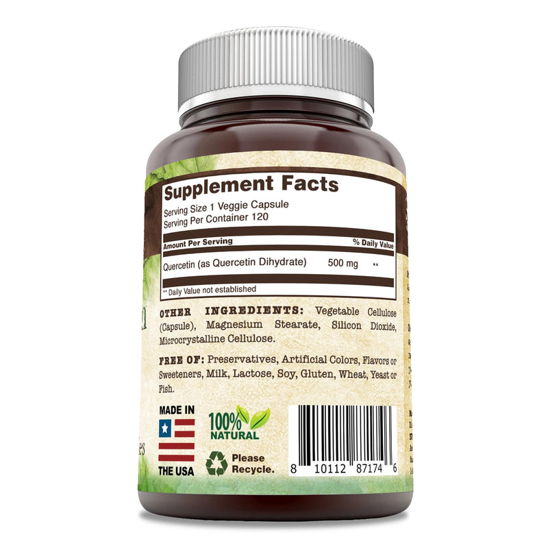 Quercetin 500 mg 120 Veggie Capsules Supplement | Non-GMO | Gluten Free | Made in USA