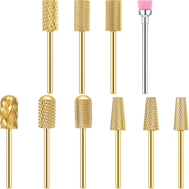 Honoson 10 Pcs Nail Drill Bits Set, 3/32 Inch Cuticle Tungsten Carbide Bit for Nail Drill Nails, File Remove Acrylic Gel Polish Manicure Pedicure Tool for Salon Home Supplies(Gold) Gold - BeesActive Australia