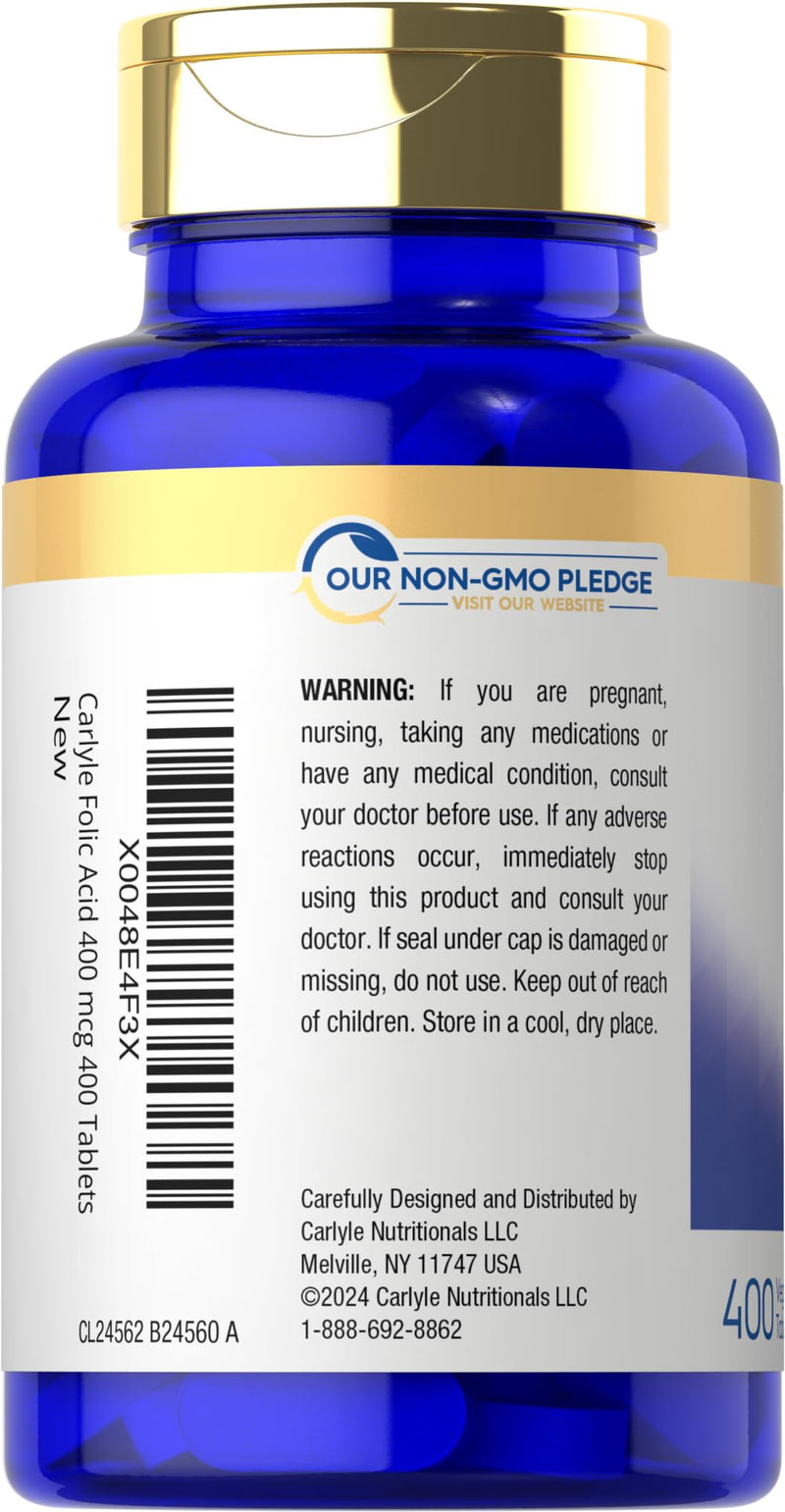 Carlyle Folic Acid 400 mcg | 400 Tablets | Vegetarian, Non-GMO & Gluten Free Supplement