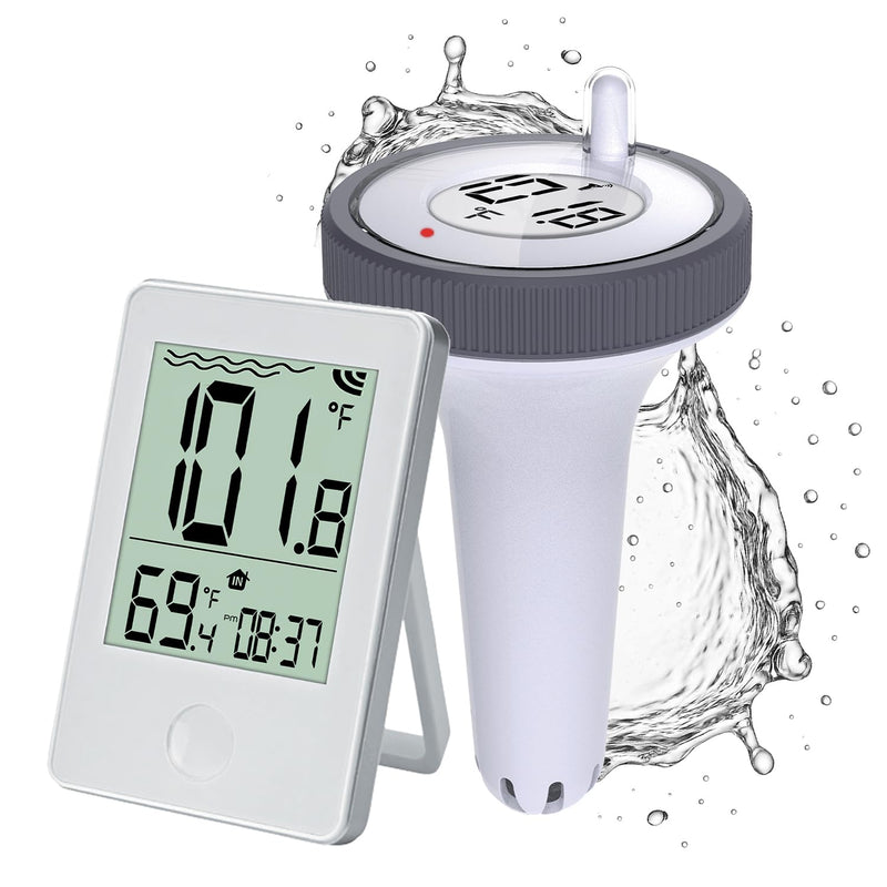 Pure55 SpaGauge Wireless Hot Tub Thermometer w/Batteries - IPX7 Waterproof Pool Thermometer - Floating, Easy-Read Digital Temperature Gauge w/Indoor Display - Ideal for Outdoor Ponds, Swimming Pools White Spa