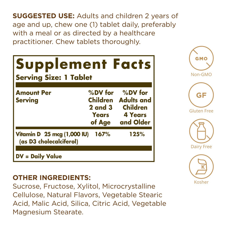 Solgar Vitamin D3 (Cholecalciferol) 25 mcg (1000 IU), Natural Strawberry Banana Swirl - 100 Chewable Tablets - Non-GMO, Kosher - 100 Servings