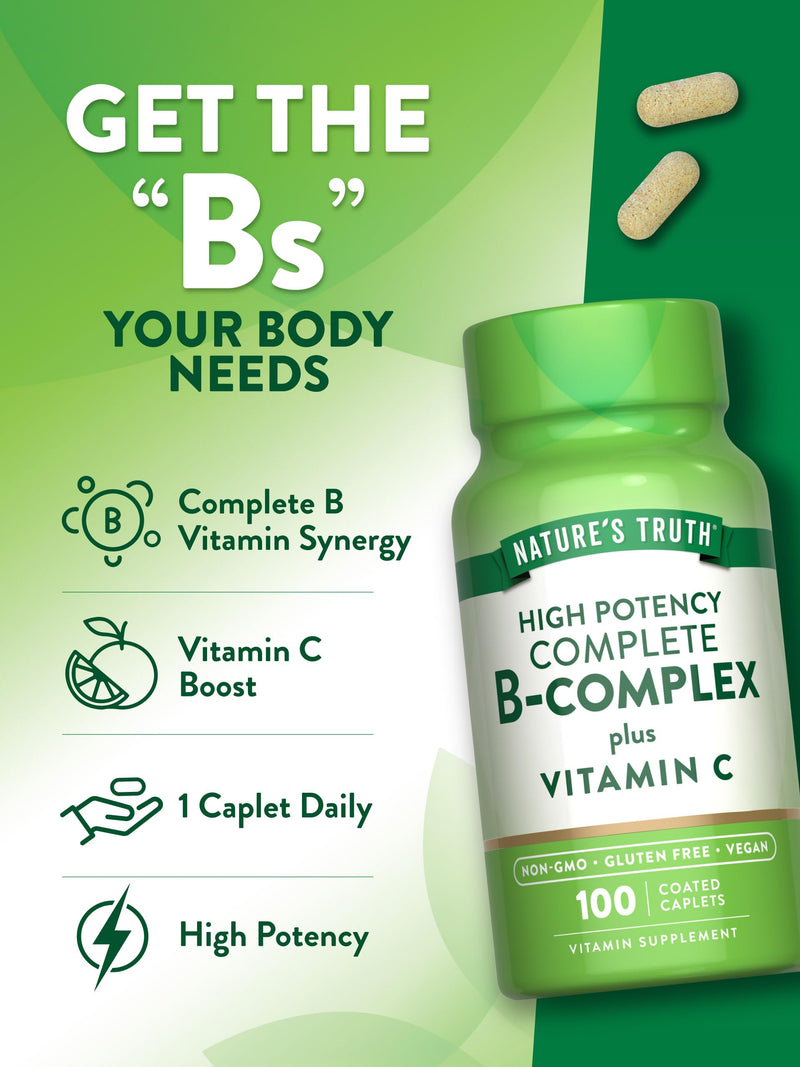 Nature's Truth Vitamin B Complex Plus Vitamin C | 100 Caplets | Vegan, Non-GMO & Gluten Free Supplement | Vegan, Non-GMO & Gluten Free Supplement 100 Count (Pack of 1)