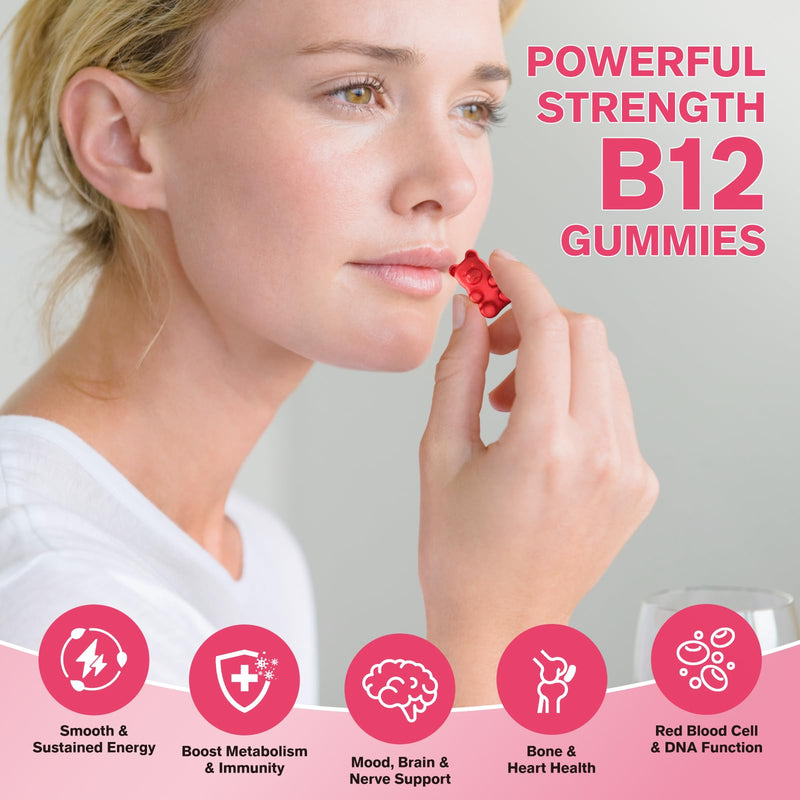 2 Pack Vitamin B12 Gummies for Women & Men, 5000mcg Methyl B12 Gummies with Vitamin B6, D3, Iron, Folate for Adults, Supports Energy & Metabolism Boost, Mood, Immune & Nervous System, Sugar Free Strawberry 60 Count (Pack of 2)