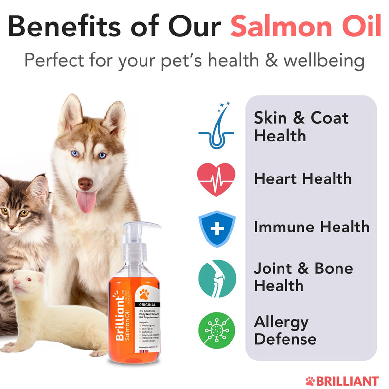 Brilliant Norwegian Salmon Oil for Dogs, Cats, Horse, Ferret - Pure Omega 3, 6 & 9 Fish Oil Food Treats Supplement for Natural Coat, Immune Support, Itchy Skin, Joint & Brain Health - 2x300ml 300 ml (Pack of 2)