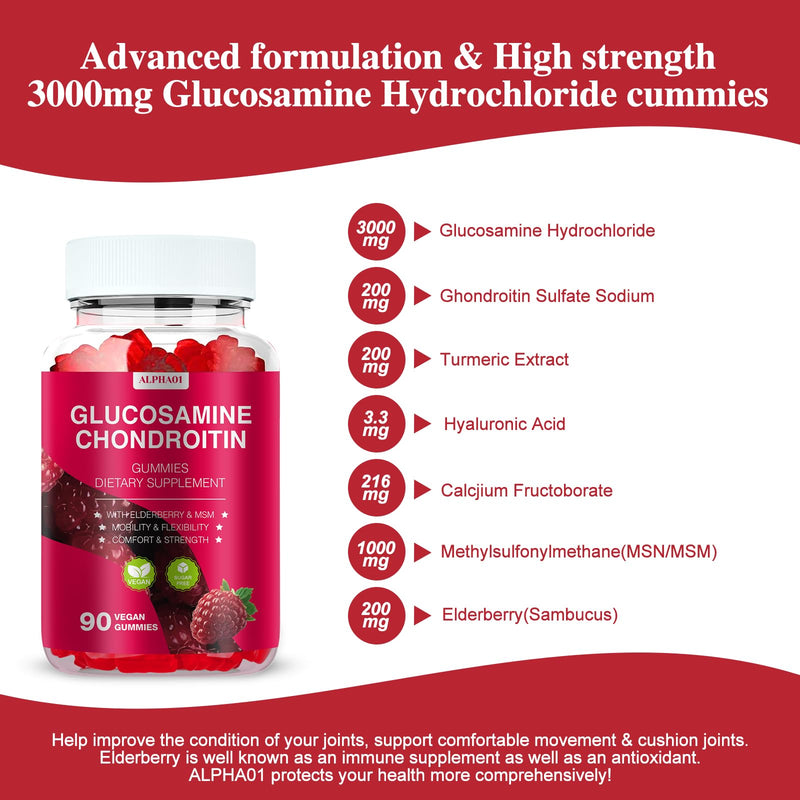 Glucosamine Chondroitin Gummies - 3000MG Extra Strength Joint Support Supplement with MSM & Elderberry, Flexibility, Antioxidant Immune Support Gummy for Adults, Men & Women - 90 Raspberry Gummies - BeesActive Australia